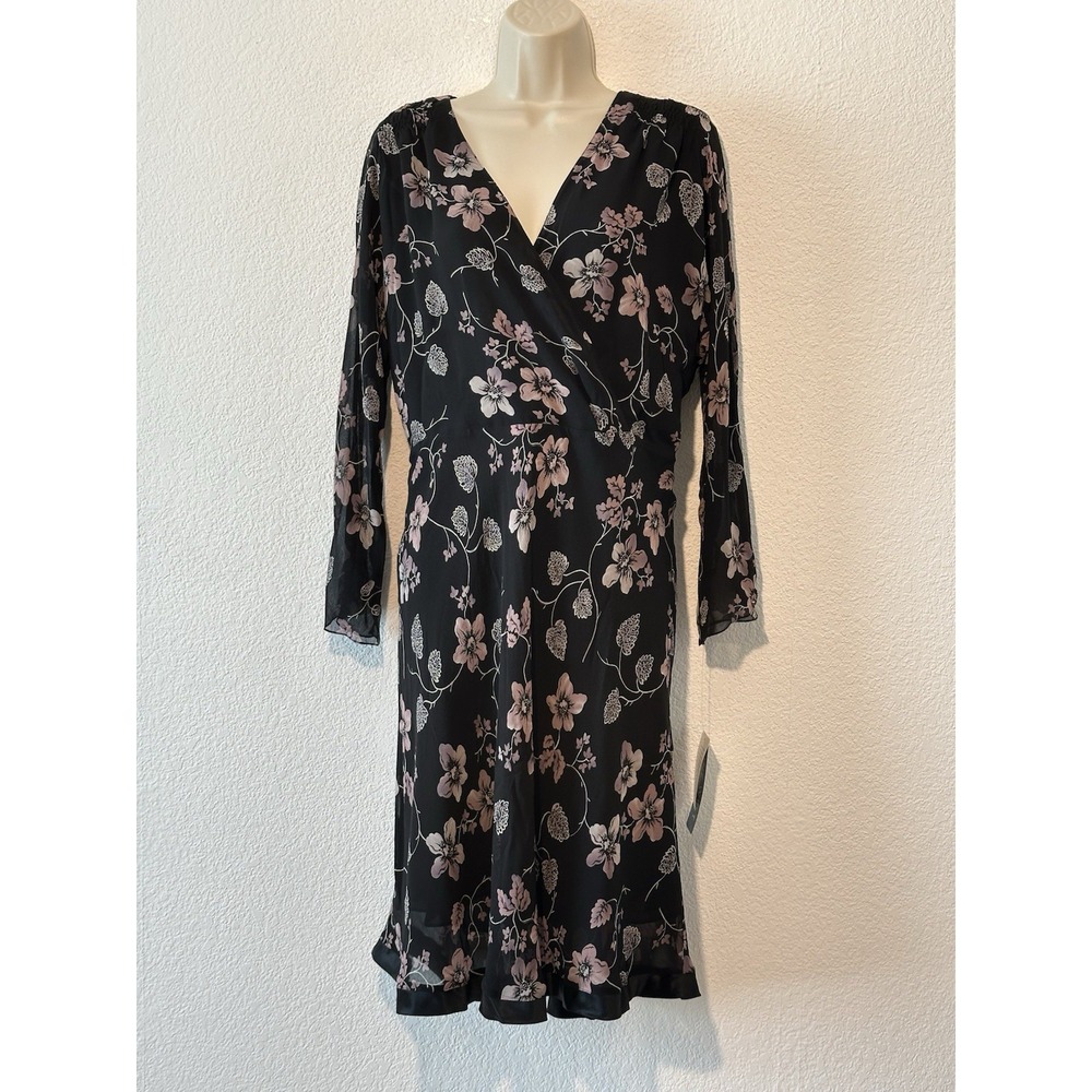 New Nine West Plus Size 16 Silk Midi Dress Black Pink Floral Career Wedding